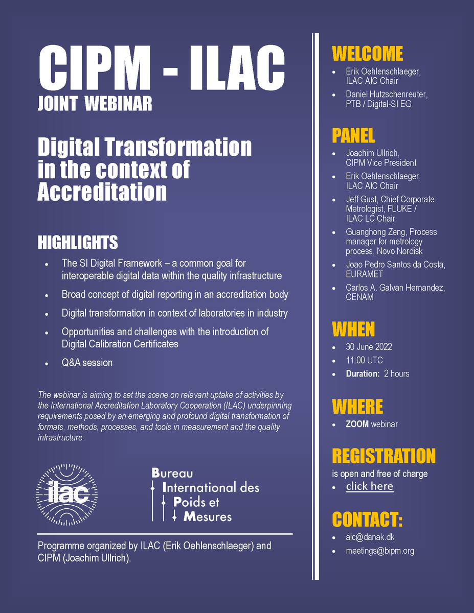 ILAC_Official's tweet photo. ⚖️ Today is #WorldMetrologyDay! This year's theme is #MetrologyInTheDigitalEra and we are excited to announce ILAC and CIPM will be hosting a joint webinar on #DigitalTransformation in the context of #Accreditation, 30 June.

For more info &amp; to register ➡️ https://t.co/ZZcgW0U1E6 https://t.co/408aOBrh8j