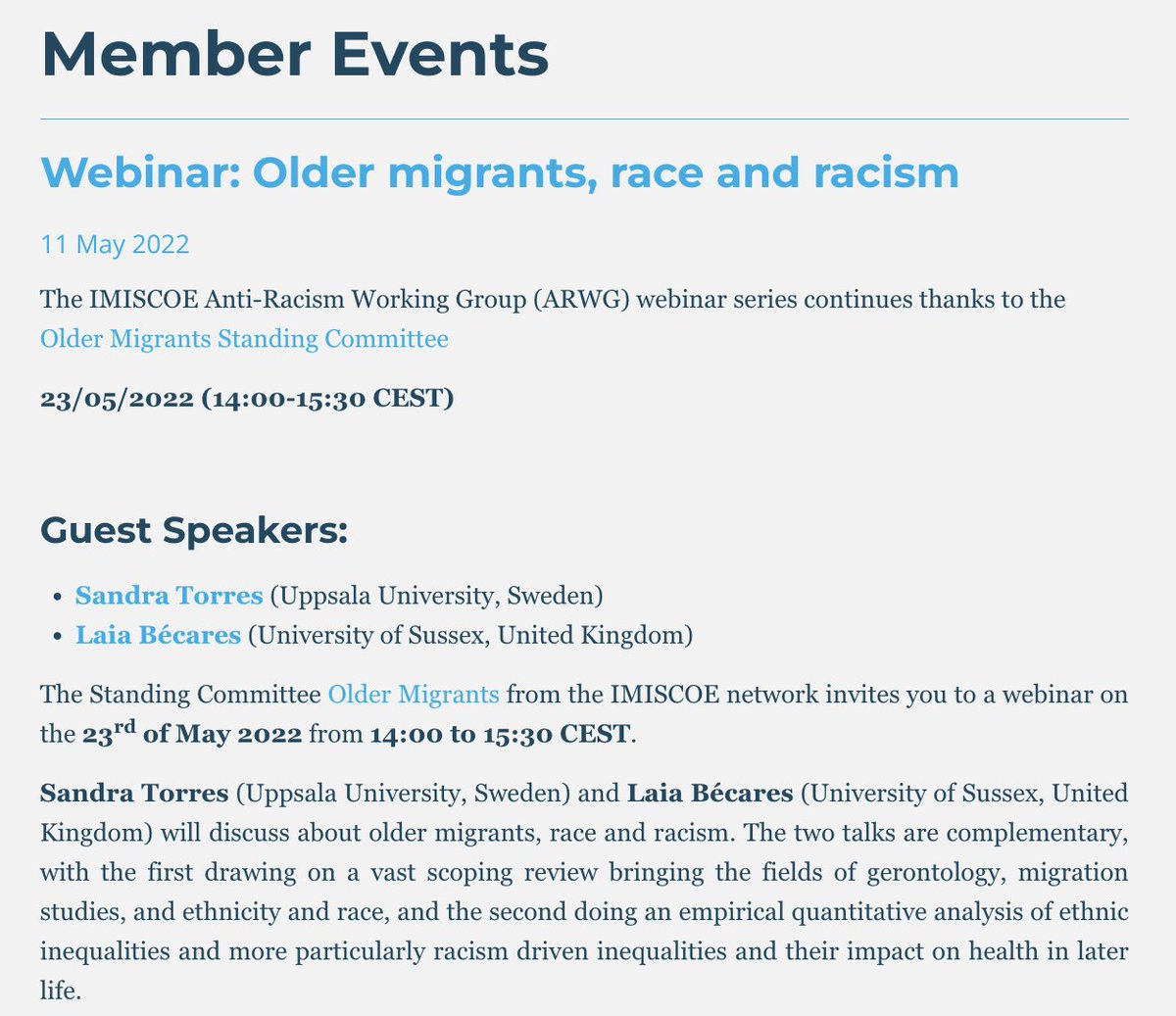 📢Join the 🆕 IMISCOE Anti-Racism Working Group webinar in collaboration with the Older Migrants Standing Committee
➡️Older migrants, race &amp; racism
🎙️Sandra Torres (@UU_University) &amp; @inequalccsr (<a href="/SussexUni/">University of Sussex</a>)
🗓️23/05 ⏰14:00 CEST
More ℹ️ &amp; 🆓 registration: eventbrite.com/e/older-migran…