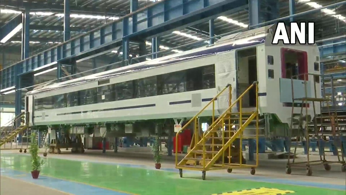 ANI's tweet image. Railway minister Ashwini Vaishnaw visits Integral Coach Factory, Chennai to witness the manufacturing of Vande Bharat train coaches

"75 trains will be produced before Aug 15, 2023. The latest version of the train coaches will be an upgrade over the previous version," he says.