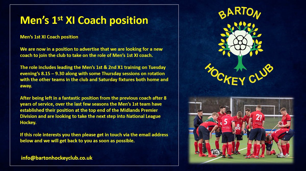 BartonHockey's tweet photo. Men’s 1st XI coaching position now live and will be also live through England hockey jobs over the coming days https://t.co/iWOnEehyxF