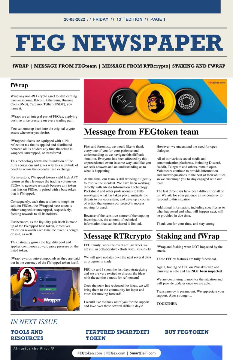 TheFirstBSC's tweet photo. 13th edition of the #FEGnewspaper🗞️

Topics
🦍Message from @FEGtoken
🦍#fWrap
🦍Message from @RTRcrypto
🦍Tools and Resources
🦍#fWrap and Staking are safe
🦍Featured #SmartDeFi token @Space_P3nguin
🦍Where to buy #FEGtoken
🦍Dollar Cost Averaging by @Coscos42

Made with love❣️ https://t.co/Q8R4AIJgbi