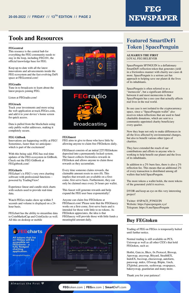 TheFirstBSC's tweet photo. 13th edition of the #FEGnewspaper🗞️

Topics
🦍Message from @FEGtoken
🦍#fWrap
🦍Message from @RTRcrypto
🦍Tools and Resources
🦍#fWrap and Staking are safe
🦍Featured #SmartDeFi token @Space_P3nguin
🦍Where to buy #FEGtoken
🦍Dollar Cost Averaging by @Coscos42

Made with love❣️ https://t.co/Q8R4AIJgbi