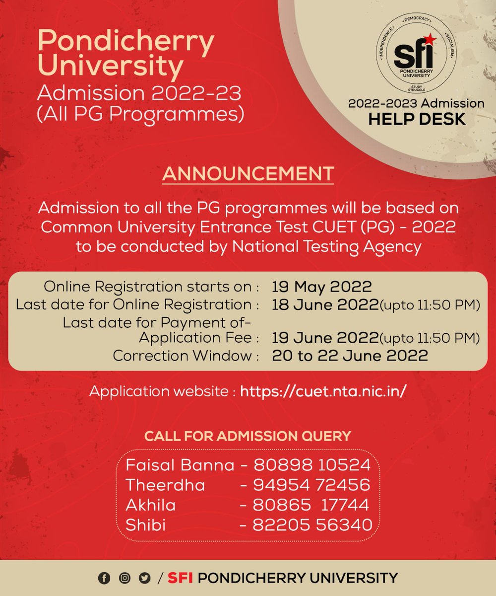 SFI_PondiUni's tweet photo. Admission to all the PG programmes will be based on Common University Entrance Test CUET (PG) - 2022 to be conducted by National Testing Agency

Application website
https://t.co/BvFyqWsvFE https://t.co/6aeaqSrqzU