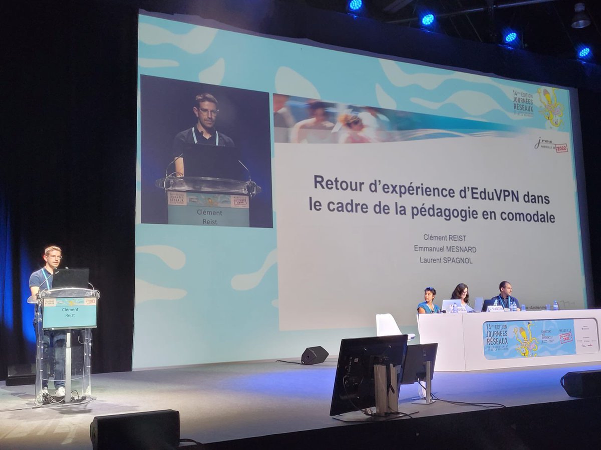 URCAArnold's tweet photo. Deuxième retour d’expérience de l’@universitereims au @LesJRES par Clément Reist (Ingénieur réseau) sur #EduVPN dans le cadre de pédagogie en comodale ! Sans oublié que cela été un travail collaboratif avec l’équipe système et le RSSI. https://t.co/zmjDwTThUB
