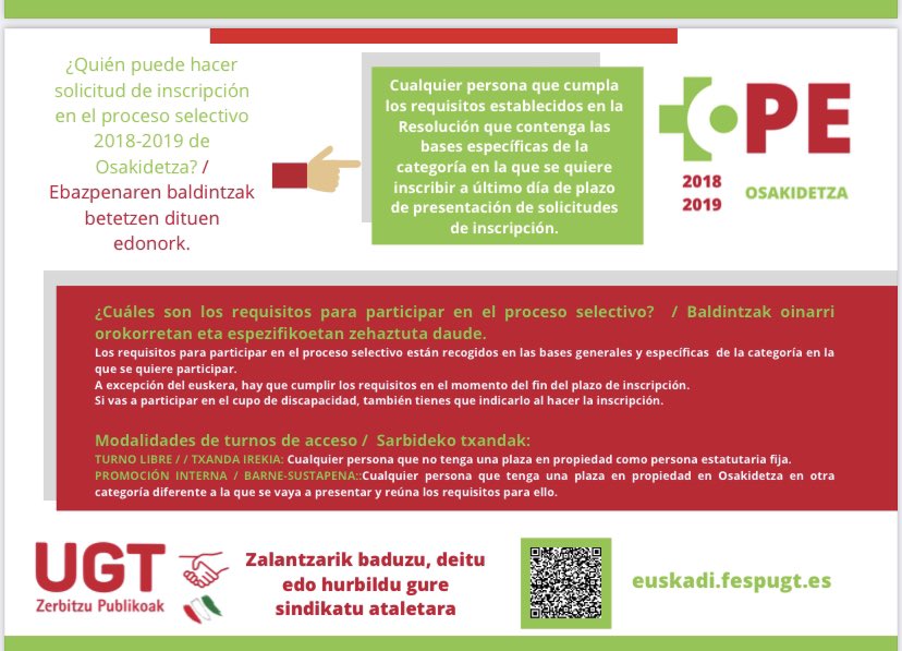 anavaz48's tweet photo. #Somos UGT
Os recordamos que sigue abierto el plazo de inscripción a #OPE18-19 #Osakidetza varias categorías profesionales. Tienes de plazo hasta el día 2 de junio de 2022. No lo dejes para el último día. https://t.co/aNXP98uPtp