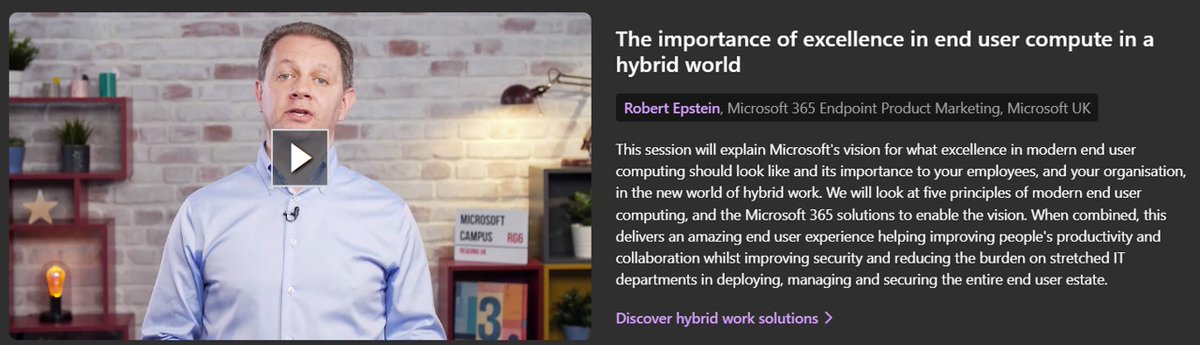 robertepstein's tweet photo. A great day at Envision UK yesterday. My session on Why excellence in End User Compute is so key in a hybrid world &amp; how Microsoft 365 solutions help deliver it can now be watched here https://t.co/GTLk6NT3bA (1st link in Hybrid work topic) #windows #envisionuk #euc #M365 https://t.co/g6BH28oHbj