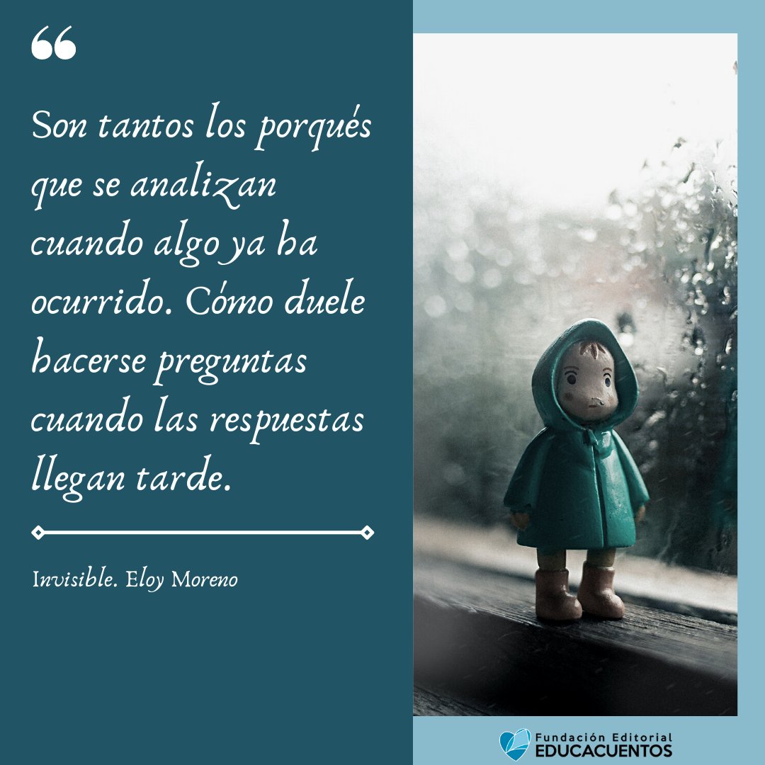EducacuentosOrg's tweet photo. Hoy os recomendamos #Invisible de @Eloy__Moreno . Esta lectura es una verdadera #terapia para sanar heridas del pasado, es ideal para trabajar en el aula en la etapa de secundaria y toma conciencia del #acosoescolar desde diferentes perspectivas. https://t.co/uhivl6zKsK