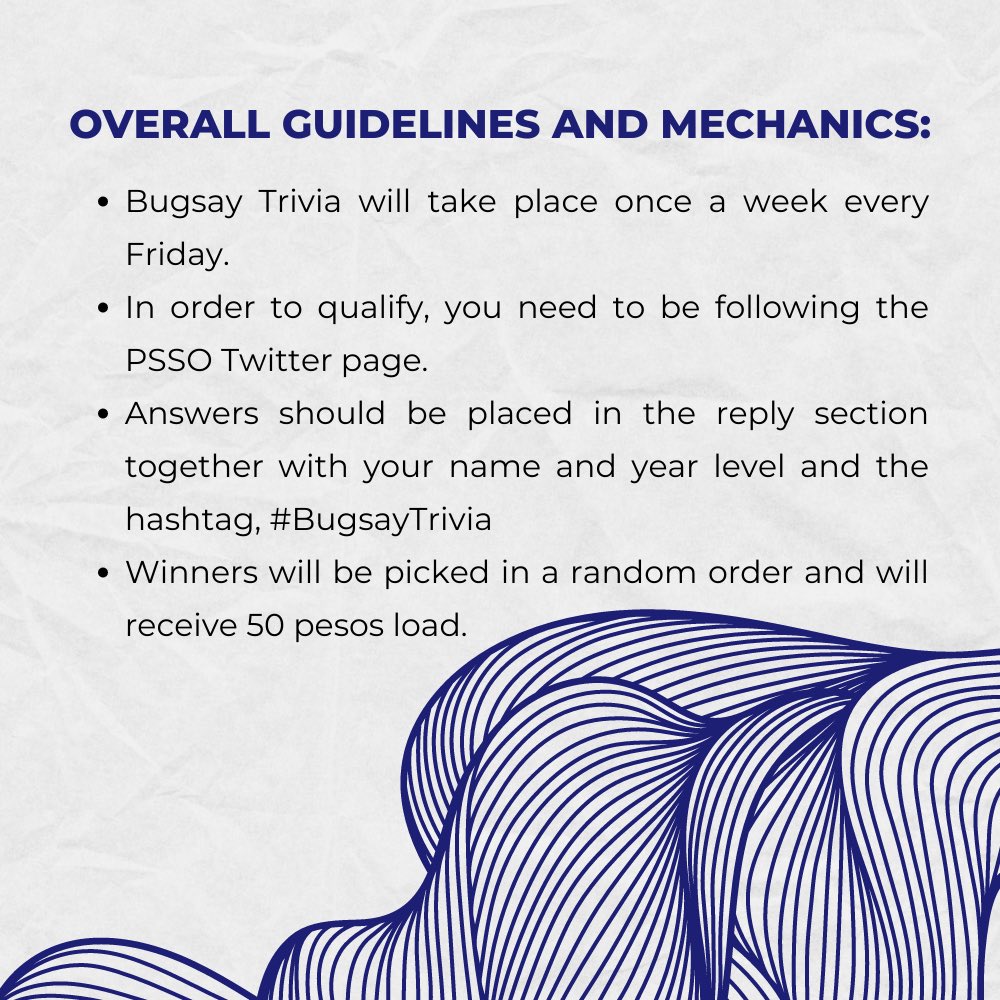 ppssmsugsc's tweet photo. 𝐏𝐫𝐞𝐦𝐢𝐞𝐫𝐬, 𝐁𝐔𝐆𝐒𝐀𝐘!

Here is the 2nd Week Question, don't hesitate to reply your answer in this tweet. LABAN MADI! 💙✊🏻

#BugsayTrivia
#BugsayStrongerTogether https://t.co/nFzaeKROFI