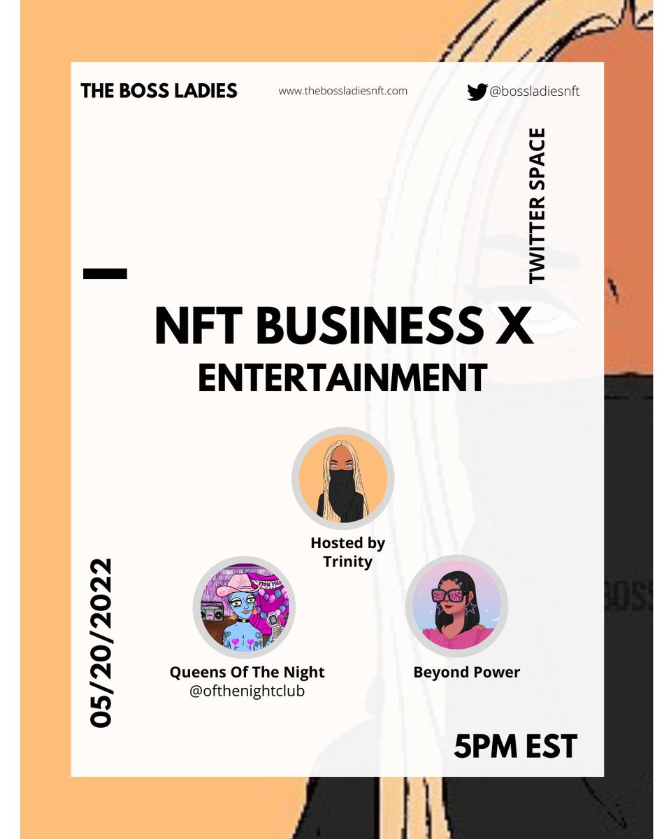 Tune in our space today at 5pm as we discuss NFT Business x Entertainment with our guest speakers:
<a href="/BeyondPowerNFT/">Beyond Power | MINTING NOW</a>
<a href="/OfTheNightClub/">QUEENS OF THE NIGHT :: fyi, we're minting 🤘</a> 

Set your reminder!
x.com/i/spaces/1zqKV…