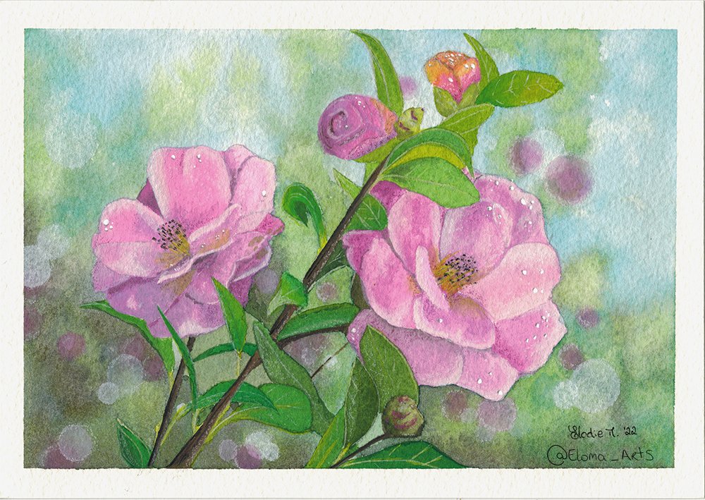 So this is my second floral painting! 🌸
I started by painting the background with watercolor. Then I painted the camellia leaves and flowers with gouache and finished with a touch of colored pencils and white oil pencil. 💕

#painting #camellia #illustration #flowers