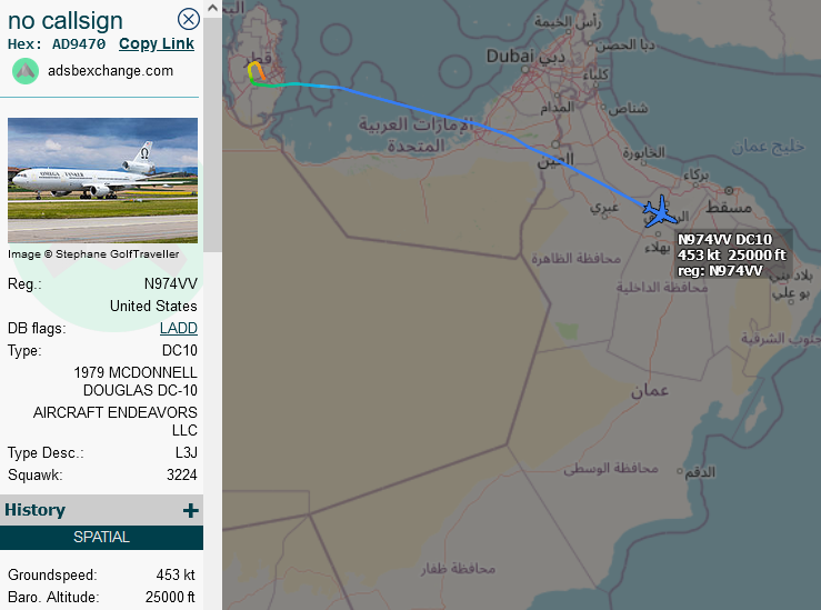 SirListenalot's tweet photo. #DC10 tanker #AD9470 N974VV as #OME10 airborne from Al-Udeid at FL250, so likely dragging #F18's (F/A18E 165861 & 165863) as #SaltyDog11-12. https://t.co/ZS8DvEFayx