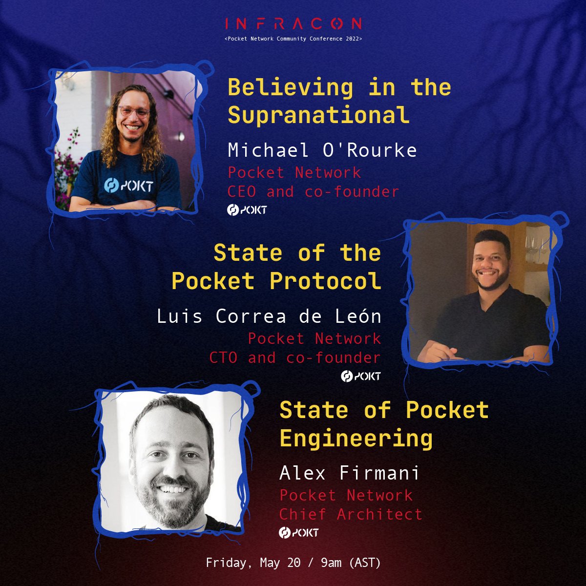 POKTnetwork's tweet photo. Are you ready? 🚀

Join us at 9:00 a.m. as we livestream keynote addresses from Pocket Network CEO and co-founder @o_rourke, Pocket Network CTO and co-founder @luyzdeleon, and Pocket Network Chief Architect @AlexFirmani

Watch 👉 https://t.co/OnCm8XUqH7

#Infracon #POKT #Web 🩴 https://t.co/AxP9PXaUii