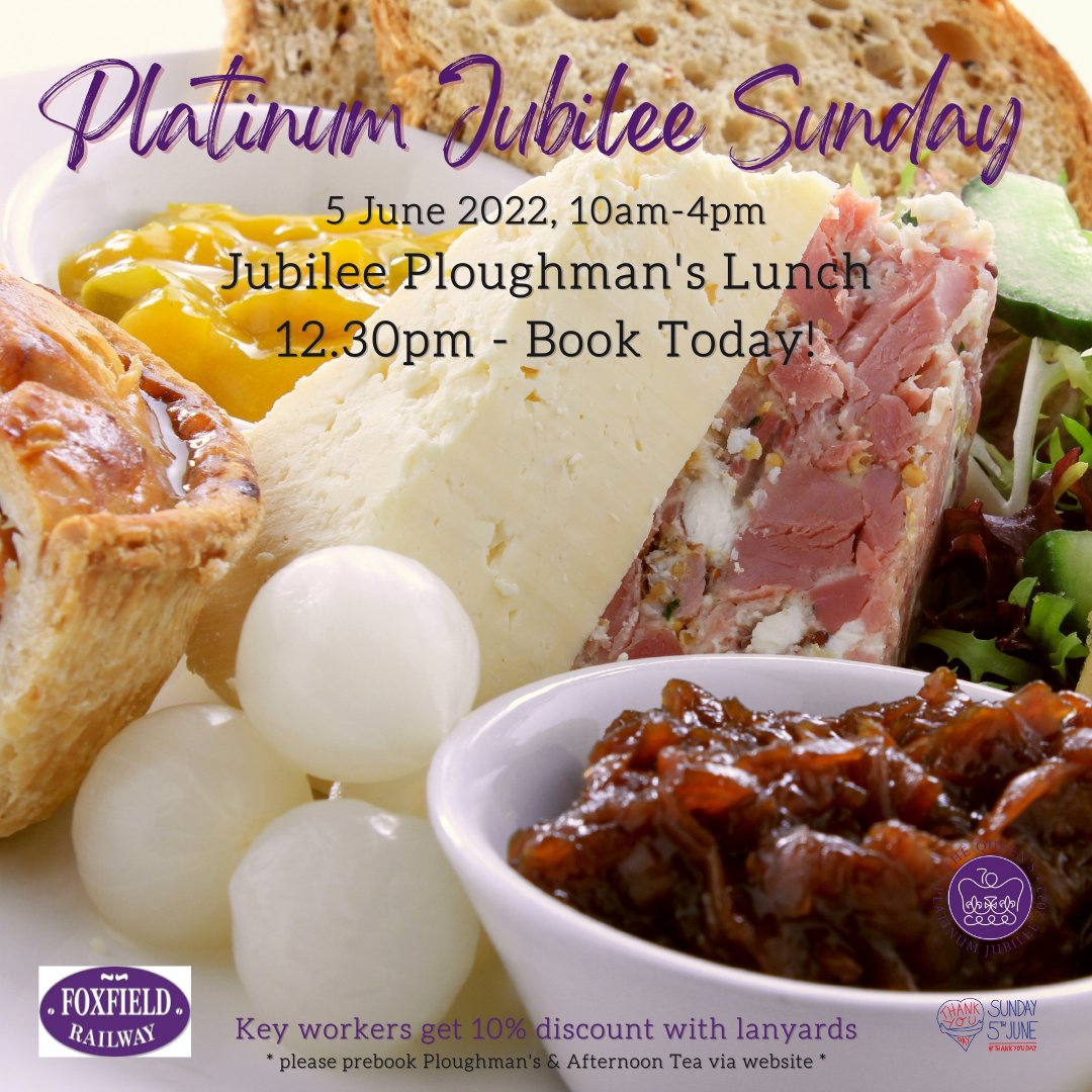 Jubilee Sunday at Foxfield! Join us all day for family fun PLUS book our Jubille Ploughman’s Lunch at 12.30pm foxfieldrailway.co.uk/event/platinum…
#JubileeCelebration #staffordshire
