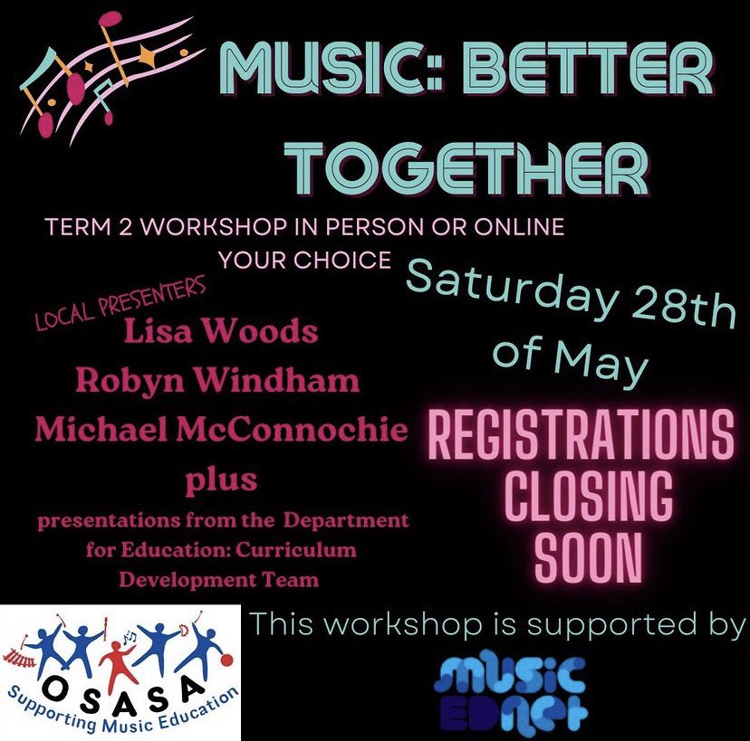 Looking for some fun and engaging professional development that you can enjoy in person or from the comfort of your own home? Join OSASA for their Term 2 workshop - Music: Better Together - the first one for the year! 

#aussieED #MusicED 
osasa.net/new-events/202…