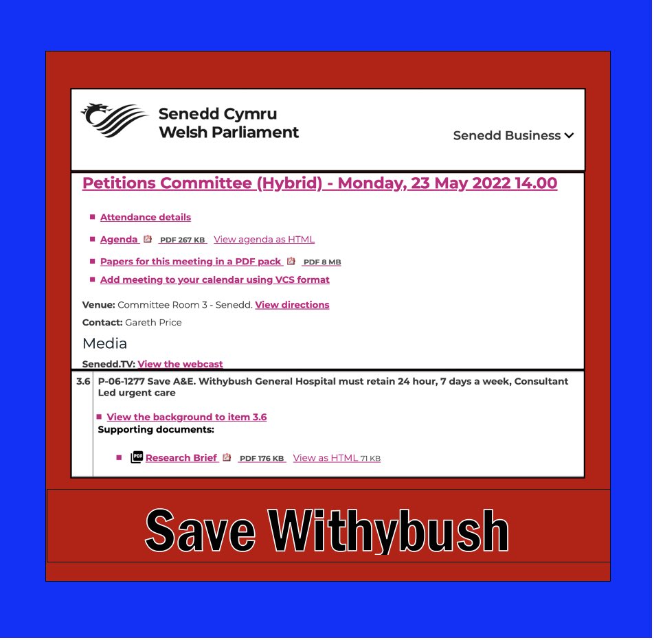 ￼
‼️PETITIONS COMMITTEE MEETING, next Monday 23rd May, 2pm. Save our A&amp;E is item 3.6 ‼️
￼
*Click on link for documents and link to Senedd TV live broadcast: 

business.senedd.wales/ieListDocument…

#SaveWithybush