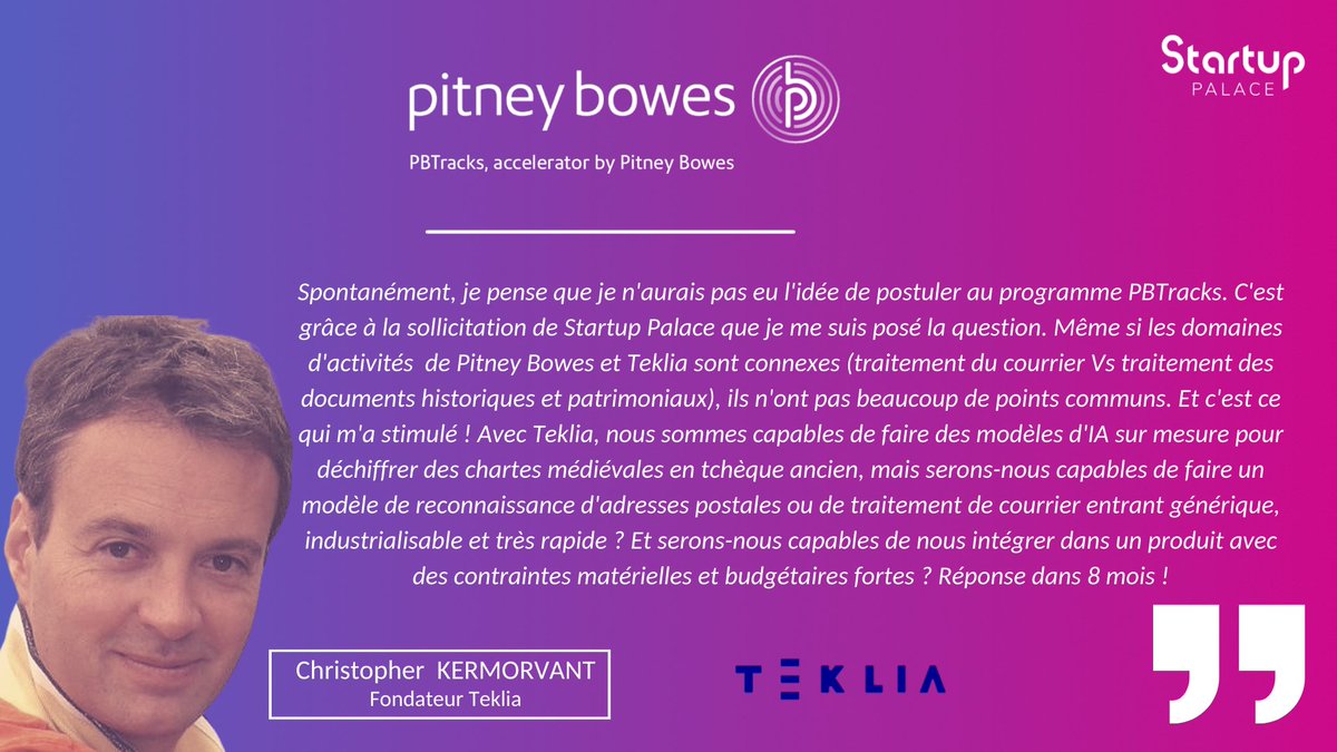 Pour cette 2e saison de #PBTracks, seules 2 startups ont été retenues pour avoir la chance de collaborer avec <a href="/PitneyBowes/">Pitney Bowes</a> France.

Après <a href="/addminapp/">addmin</a>, place à...<a href="/_Teklia_/">Teklia</a>, une solution pour le traitement sémantique de documents numérisés.
