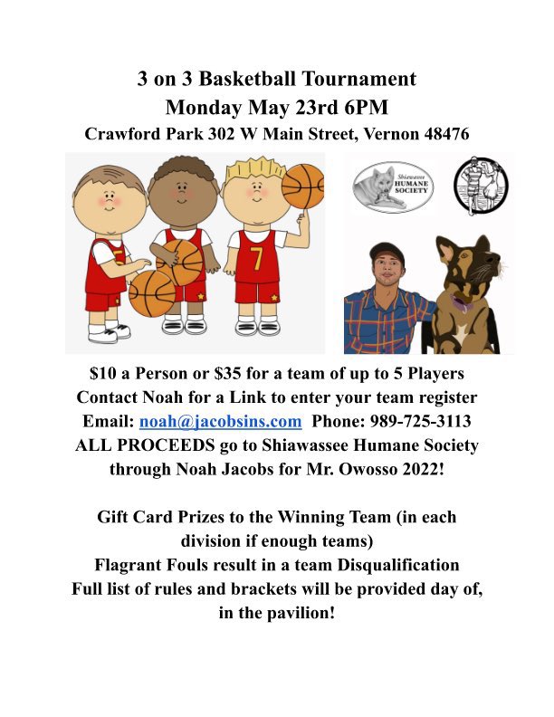 The Heartbeat of Corunna (@hbocorunna) on Twitter photo A 3on3 basketball tourney to support Noah Jacobs for Mr. Owosso (and the Shiawassee Humane Society) is coming up this Monday. Checkout the flyer for more info. <a href="/DiBendisJacobs/">Diane Bendis Jacobs</a> <a href="/GaryJac10478917/">Gary Jacobs</a> <a href="/Noah_Jacobs22/">Noah Jacobs</a> A 3on3 basketball tourney to support Noah Jacobs for Mr. Owosso (and the Shiawassee Humane Society) is coming up this Monday. Checkout the flyer for more info. <a href="/DiBendisJacobs/">Diane Bendis Jacobs</a> <a href="/GaryJac10478917/">Gary Jacobs</a> <a href="/Noah_Jacobs22/">Noah Jacobs</a>