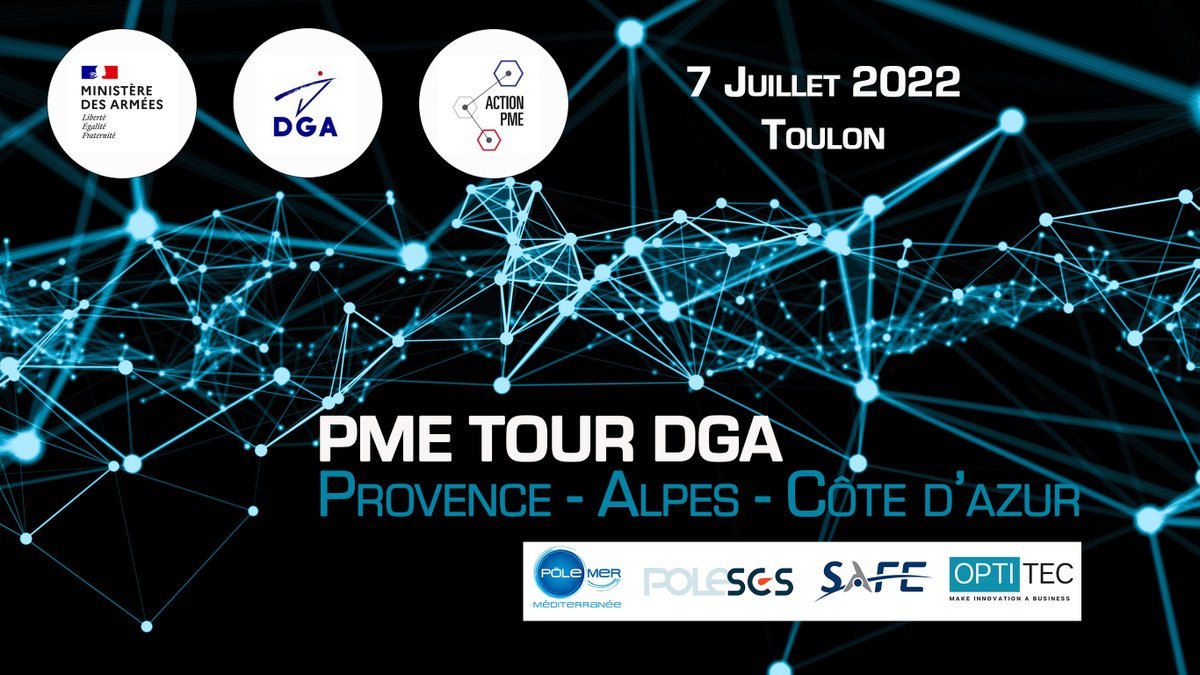 AKTANTIS's tweet photo. SaveTheDate 📅 7/07/2022 9h00-17h00
🛡️PME Tour DGA PACA 2022
Co-organisé par @DGA @Armees_Gouv @Pole_SCS @PoleMerMed @Pole_OPTITEC & @Safe_Cluster
📍 Palais Neptune Toulon
➡️https://t.co/0rTWwe6fuC
⏳Candidatez jusqu'au 28 juin 2022
#ActionPME @afrpc https://t.co/3BlboLnBZr