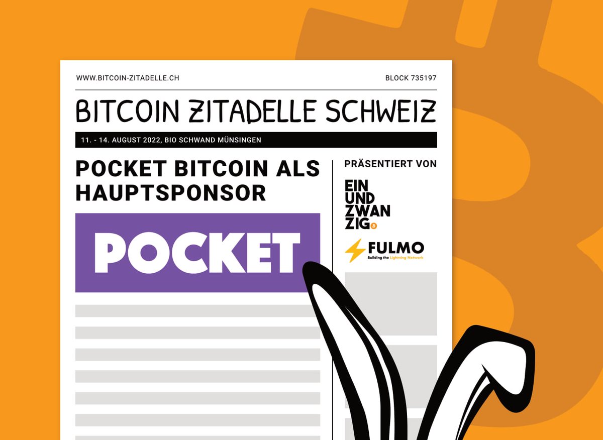 Wir dürfen mit Freude den 1. Hauptsponsor der Bitcoin-Zitadelle Schweiz 2022 verkünden: <a href="/PocketBitcoin/">PocketBitcoin.com 🏦👉🔑</a> 
Wir danken Pocket bereits jetzt für das Engagement und freuen uns auf ein tolles Event im August. Das ganze Pocket Team wird im August ebenfalls vor Ort sein.