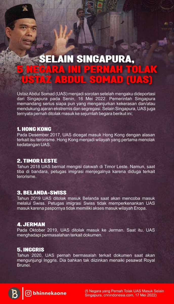 Pelajaran berharga untuk UAS...

Untuk para ustad, jangan anggap remeh isi ceramah yang anda sampaikan. Apalagi isi ceramah yang intoleran, radikal, dan menganjurkan kekerasan. 

Dan itu terbukti, di banyak negara UAS sudah banyak ditolak. Karena apa? Ya isi materi cerahmnya.