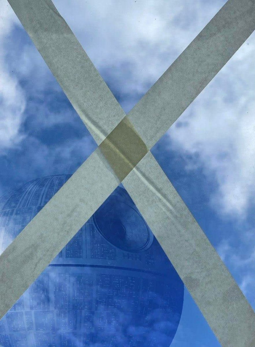 | 122 | Day 83 - 8:01 AM |
Blue sky and a silhouette of space ship from Star Wars behind a window cross-taped with paper tape
--
Add your window anonimously on tapewindow.org or tweet it with #wariscoserthanitappears to become a part of the charity NFT drop on <a href="/opensea/">OpenSea</a>🙃