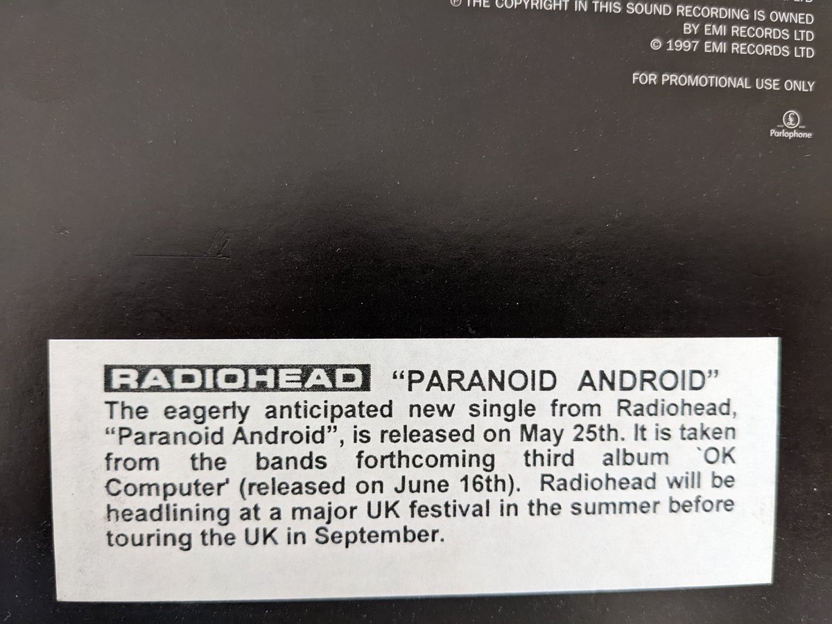 My promo copy of Paranoid Android. I wonder which major UK festival they played that year? #OKComputerAt25