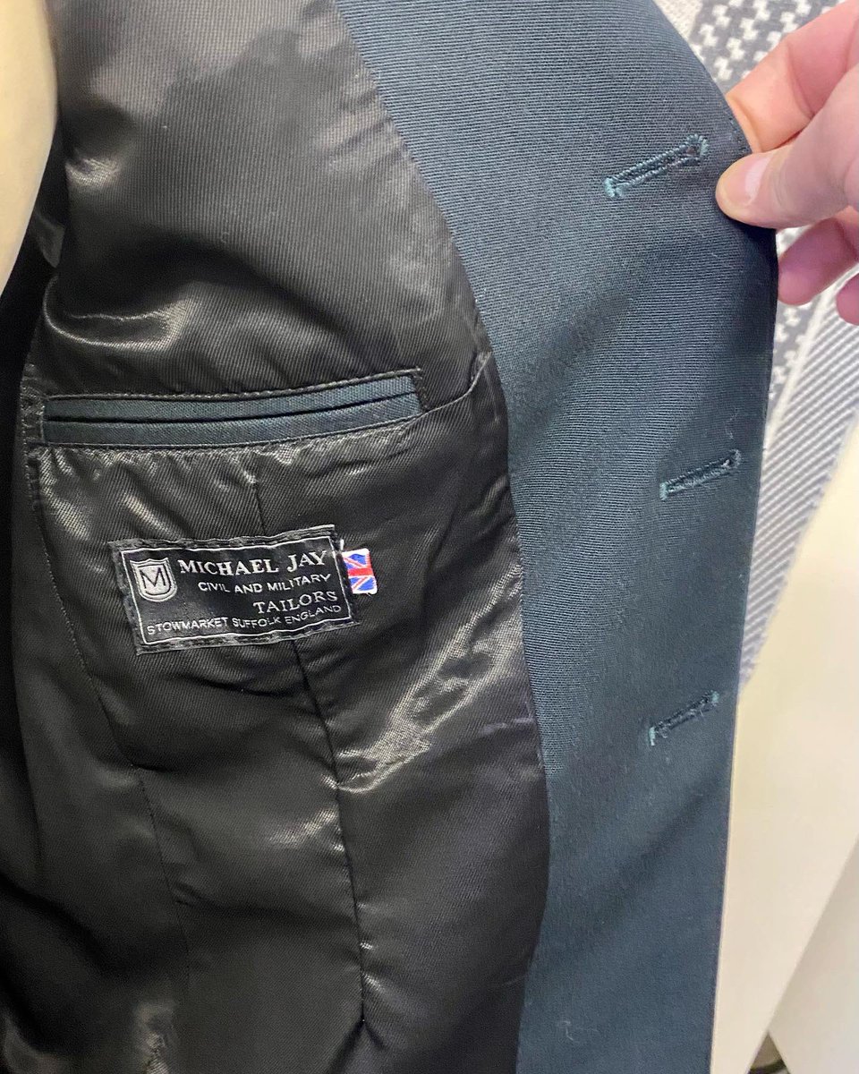 Number one Jacket and trousers in Rifles green ready for #Shillingandfitz in Perth to add a customers own buttons and braid design #madeinstowmarket #madebyus #militarytailor #tailor #suits #uniform #military #civilian