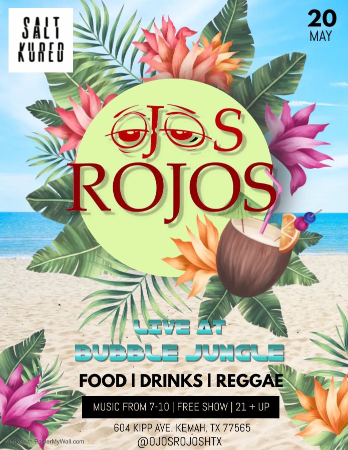 ojosrojoshtx's tweet photo. Tonight! #reggaemusic from 7-10 at #bubblejunglekemah! Come vibe! @saltkured #saltkured #ojosrojoshtx #livemusic #mekos #meklyfe #puropinchemekparty https://t.co/s2F5CB6dMm