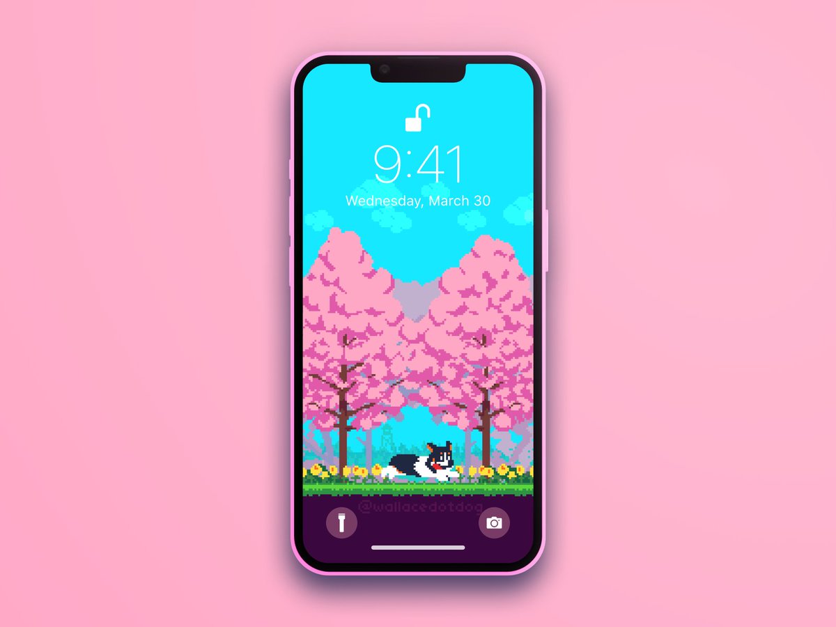 Remember to go outside and smell the pretty colors with this wallpaper—woof!  
Download + tons of fun stuff! → wallace.dog/feed/wallpaper…
.
#corgi #pixelart #8bit #spring #wallpaper #cute