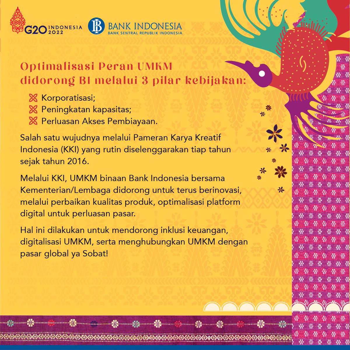 bank_indonesia's tweet photo. Dukungan terhadap #UMKMgodigital_goglobal menjadi pembahasan utama KKI tahun 2022 ini. Selain itu, kegiatan ini juga merupakan bagian dari Presidensi #G20Indonesia yang mengusung semangat “Recover Together, Recover Stronger”. https://t.co/arUcaX6vZA