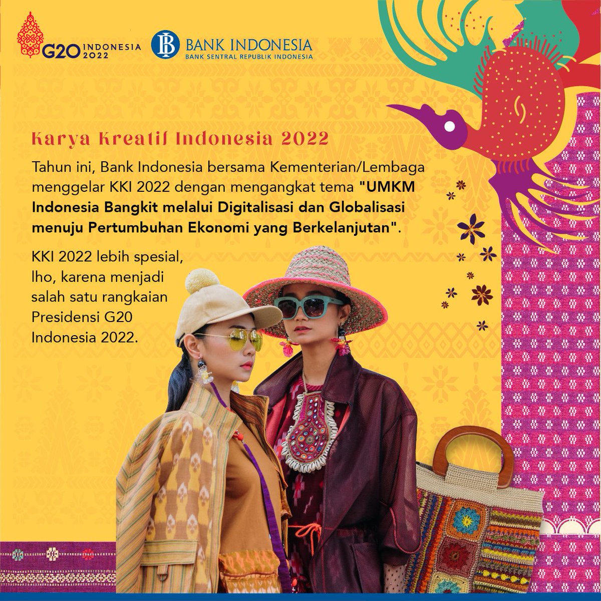 bank_indonesia's tweet photo. Dukungan terhadap #UMKMgodigital_goglobal menjadi pembahasan utama KKI tahun 2022 ini. Selain itu, kegiatan ini juga merupakan bagian dari Presidensi #G20Indonesia yang mengusung semangat “Recover Together, Recover Stronger”. https://t.co/arUcaX6vZA