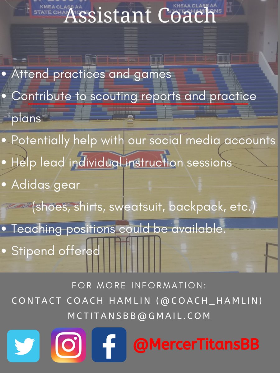 We are looking for an assistant coach for the 2022-2023 season. We have several teaching positions open, but paraprofessionals are also encouraged to apply. Our BOE just approved a 5% raise for certified staff &amp; 10.5% raise for classified staff next year. A stipend is available