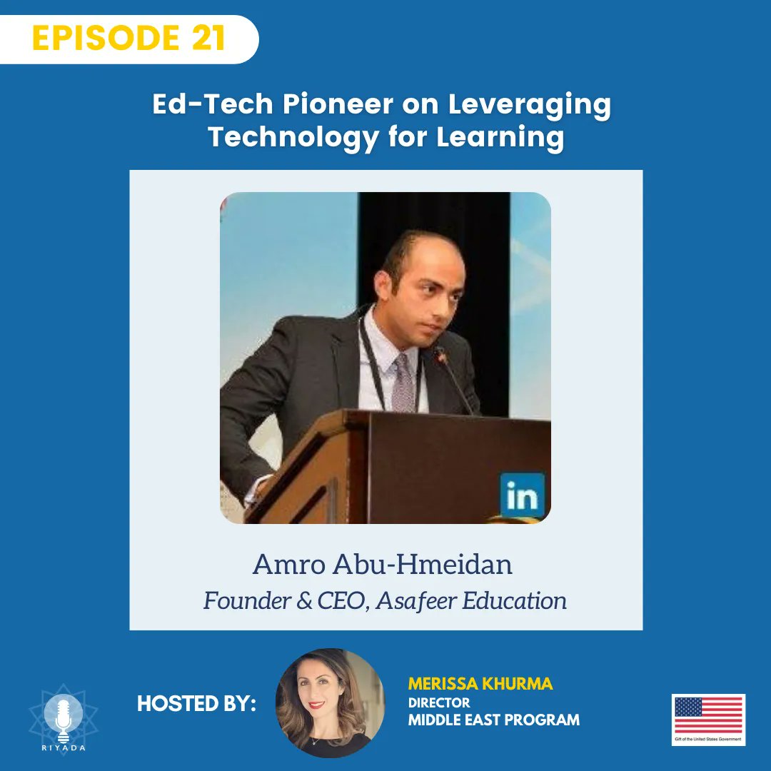 [RIYADA PODCAST] Founder &amp; CEO of <a href="/3asafeerCom/">3asafeer</a> spoke with <a href="/MerissaKhurma/">MerissaKhurma</a> about the vibrant sector of ed-tech in the MENA region.
Learn more ➡️ bit.ly/3LCxAqQ
<a href="/USEmbassyJordan/">U.S. Embassy Amman</a>