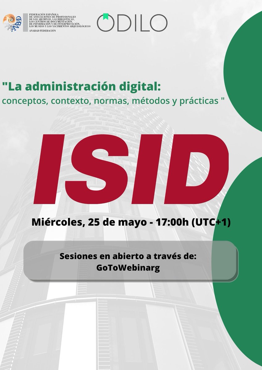 Odilo_MD's tweet photo. Estamos preparando la segunda sesión impartida por @ISID_Videoma del curso “La administración digital: conceptos, contexto, normas, métodos y prácticas”

🗓️Mi��rcoles, 25 de mayo
🕔17.00 horas
📌Acceso abierto

Inscríbete: https://t.co/GzVd6gm4JR https://t.co/i8HBEiWJCB