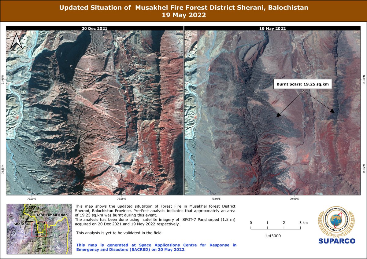 AhmdAliGul's tweet photo. Updated analysis from SUPARCO using hires #SPOT7 imagery, shows a massive burn scar. Corroboration with other satellite data sources shows still raging fires on multiple fronts #Balochistan #ForestFires https://t.co/XFzrQstrXl