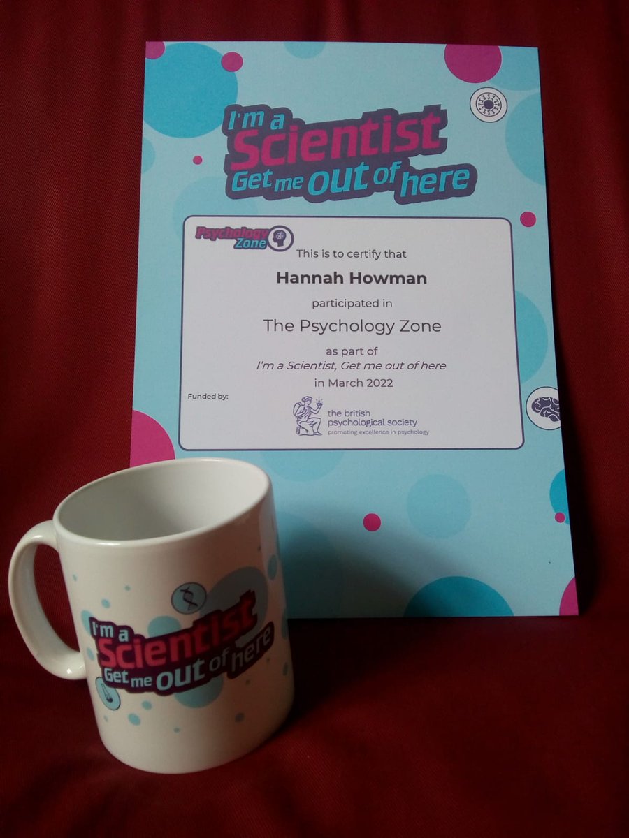 It was lovely to receive the <a href="/imascientist/">I'm a Scientist Team</a> certificate and mug in the post today! I had a brilliant time answering students' questions and I would recommend taking part in the Psychology Zone! Thanks to <a href="/BPSOfficial/">British Psychological Society</a> for funding the zone.