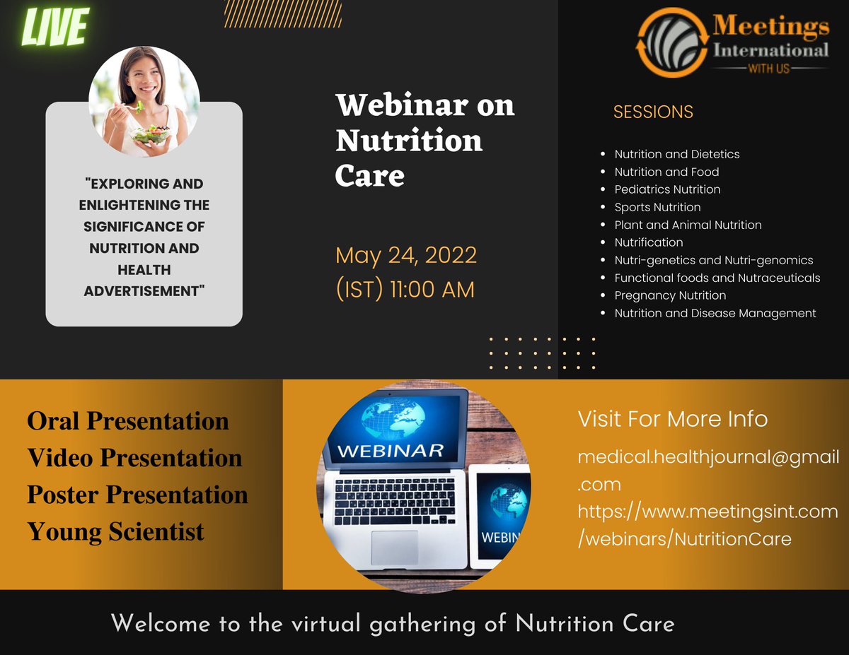 Call_papers's tweet image. Meetings Int cordially invites you to the webinar on #Nutrition_Care, Submit your #abstracts and book the #speaker_slot
To register, visit the link: meetingsint.com/webinars/Nutri… 
#Nutraceuticals #Nutrition_Care #Pediatrics_nutrition #sports_nutrition #animal_nutrition #plant_nutrition