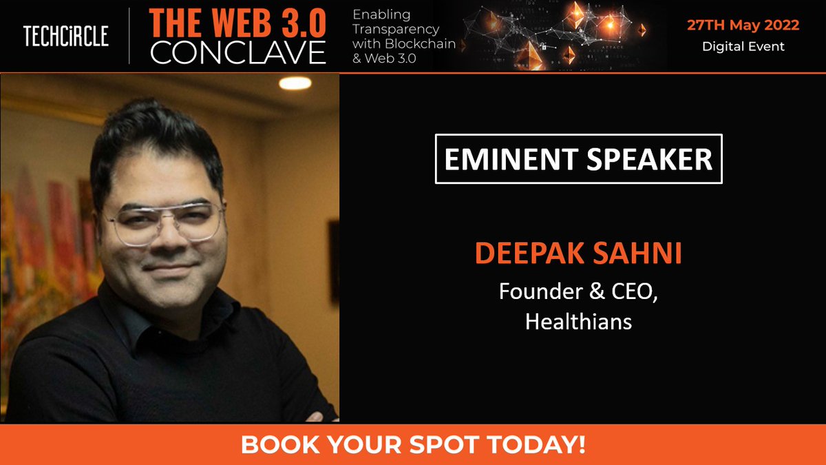 1 week to go! Decode the world of blockchain, Metaverse &amp; Web 3.0 with Deepak Sahni, Founder &amp; CEO, Healthians, and our other illustrious speakers. Register FREE, register NOW: web3conclave.techcircle.in 
#TechMadeTransparent #blockchain #blockchaintechnology #crypto #nft #metaverse