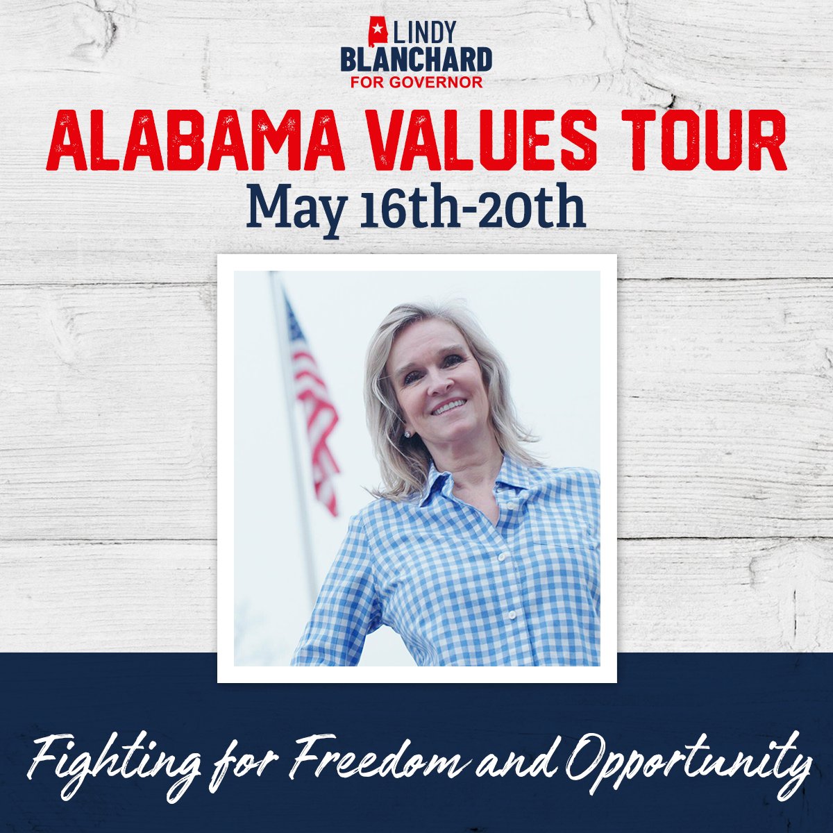 Blanchard4Gov's tweet photo. Happy Friday and final day of our Alabama Values Tour: Fighting for Freedom and Opportunity. Follow along as I continue traveling the state speaking about our conservative Alabama values. #Blanchard4Gov #AlabamaValues #alpolitics https://t.co/GZ88Bg2dWm