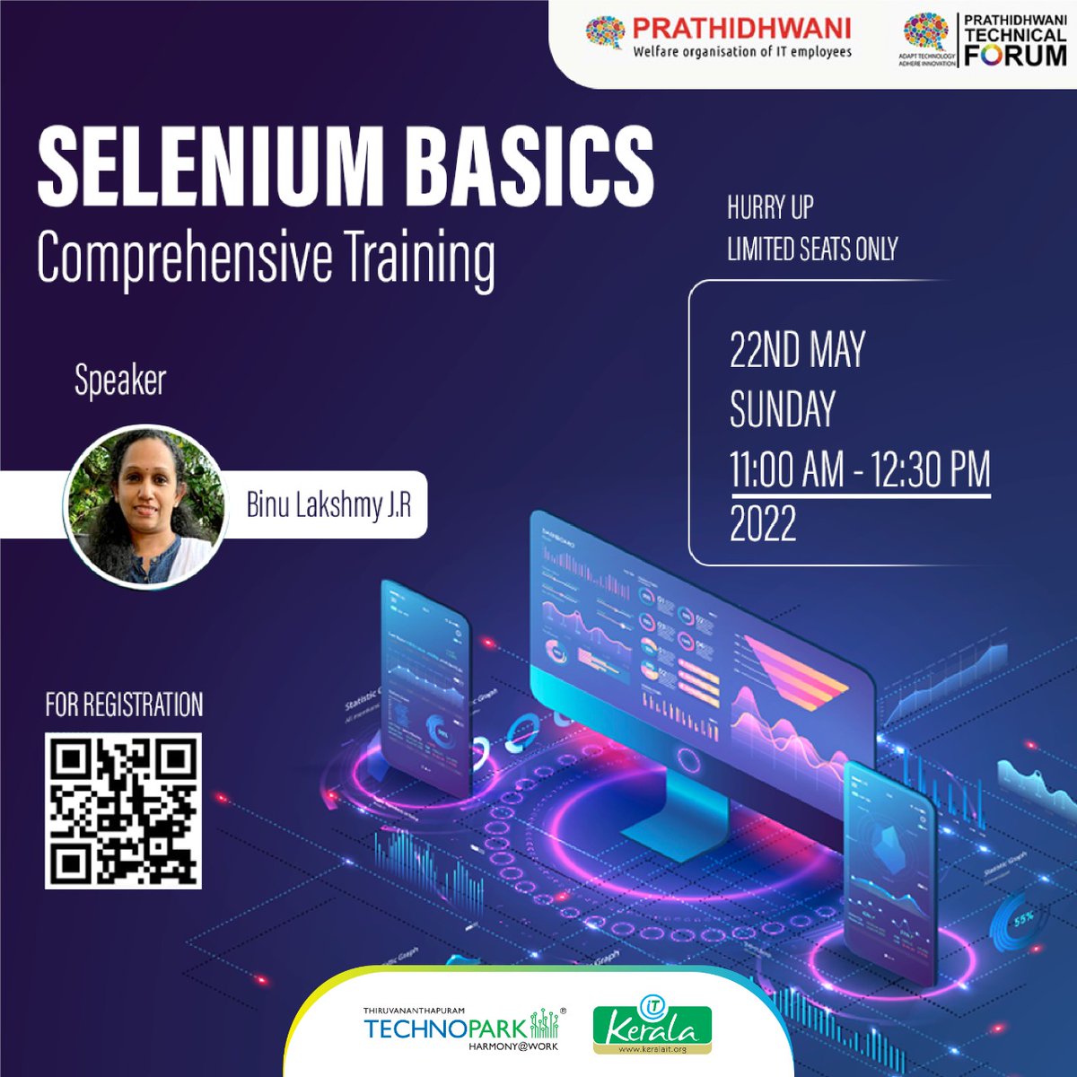 mytechnopark's tweet photo. Prathidhwani is organising another insightful session on Selenium Basics. Selenium expert Ms Binu Lakshmy J R will take the session on 2022  May 22 , Sunday at 11.00am onwards.
https://t.co/jlK7TKrZS5

#TechnoparkTrivandrum #Technopark #KeralaITParks  #Selenium #Training https://t.co/qixvFwB9zy
