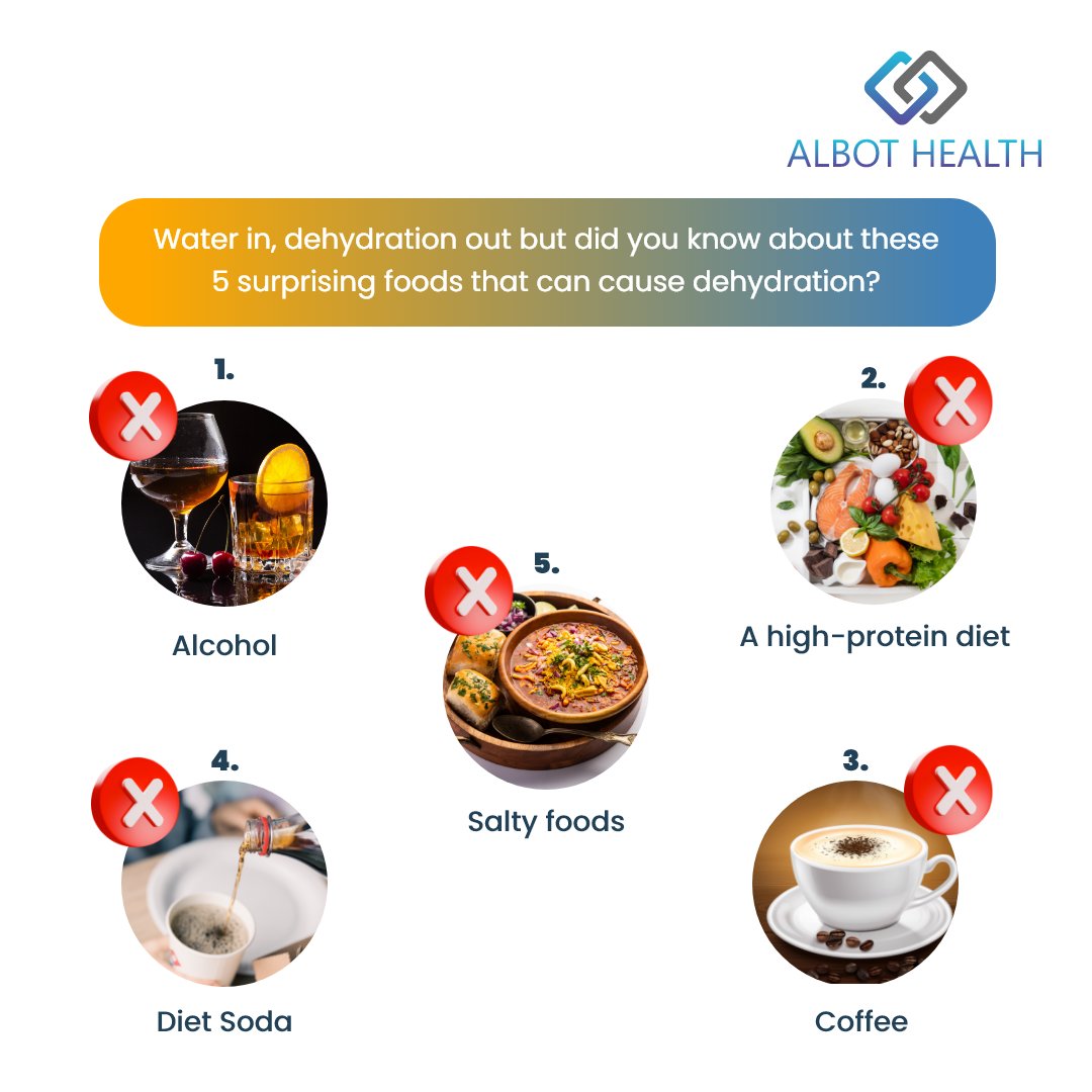 AlbotHealth's tweet photo. Limit your intake of these #dehydrating foods and keep yourself cool. In case of severe dehydration, get the right treatment from our experts.

Call 8588808534 or visit https://t.co/9CpojXtjlD to book an appointment.

#AlbotHealth #SummerVibes #HealthySummer #StayHealthy https://t.co/GgSTwofuuw