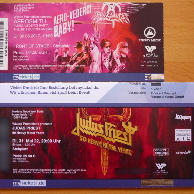 Pretty picture tickets for Aerosmith (Tuesday, the 30th of May 2017) and Judas Priest (Tuesday, 31st of May 2022) in Berlin, 5 years ago.