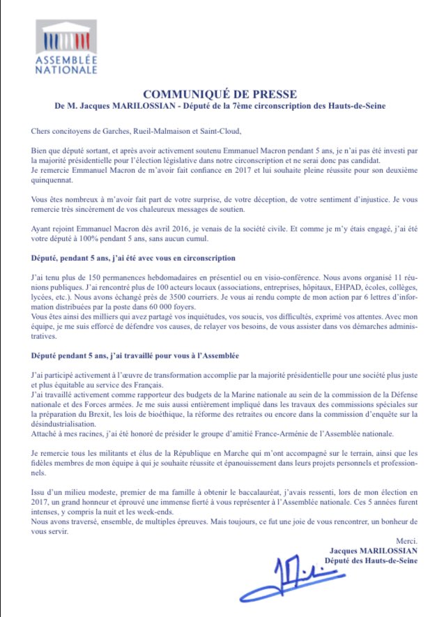 jmarilossian's tweet photo. #Législatives2022 Je vous remercie toutes et tous pour ces 5 années passionnantes. 
Je compte sur les Français pour donner une majorité au président ! https://t.co/m1wxQerKP8