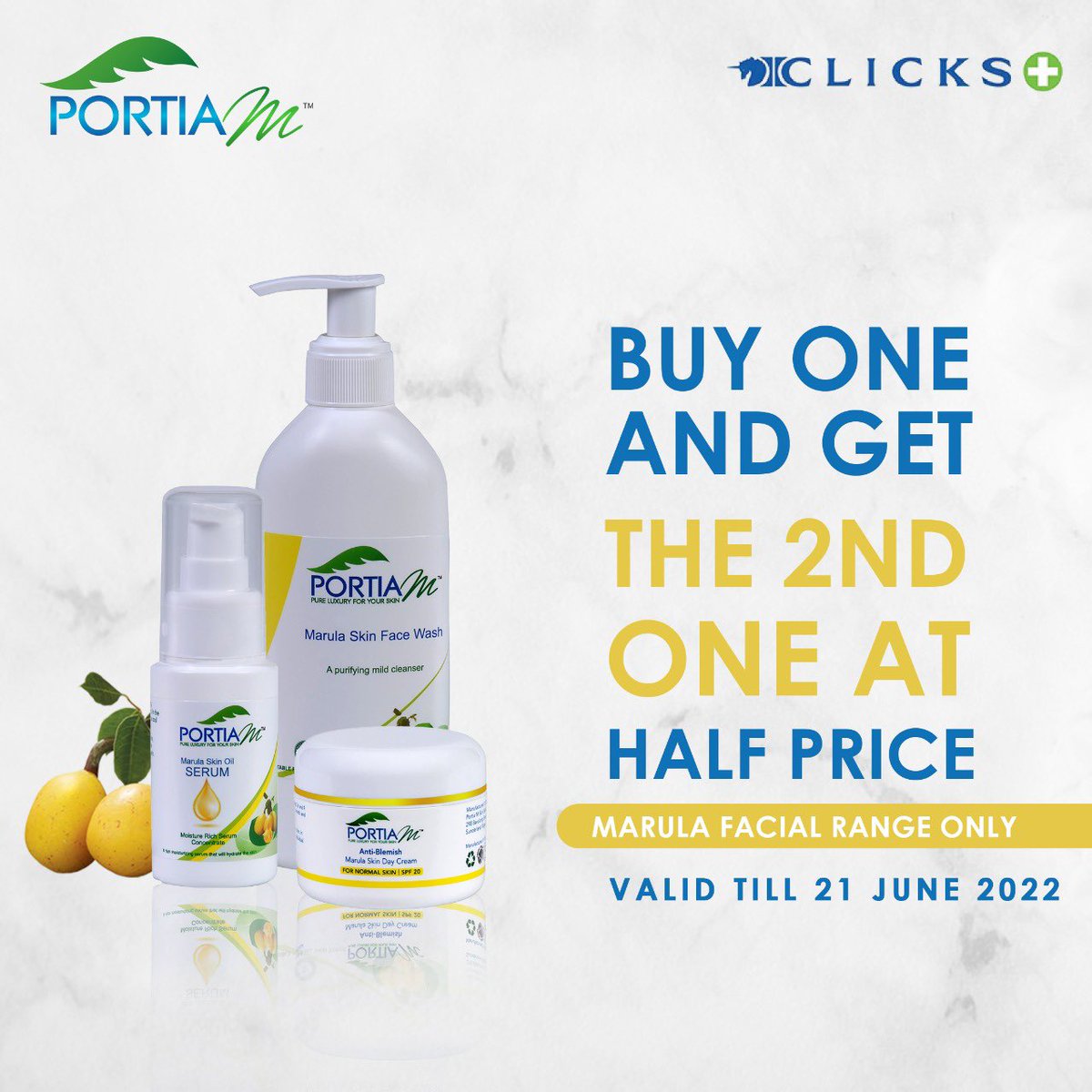 PortiaM_Skin's tweet photo. Promotion at Clicks!✨🙌🏻🧚♀️🤌🏻 Areyeng✨🏃♀️
Buy any of your two favourite Portia M facial products and pay half for the cheapest one!✨🍃
Promotion ends 21 June 2022✨
#portiamskincare
#sharetheglow
#teamyellow💫
#pmmarula
https://t.co/qHZhwHbIgO https://t.co/xFVEOAzrpW
