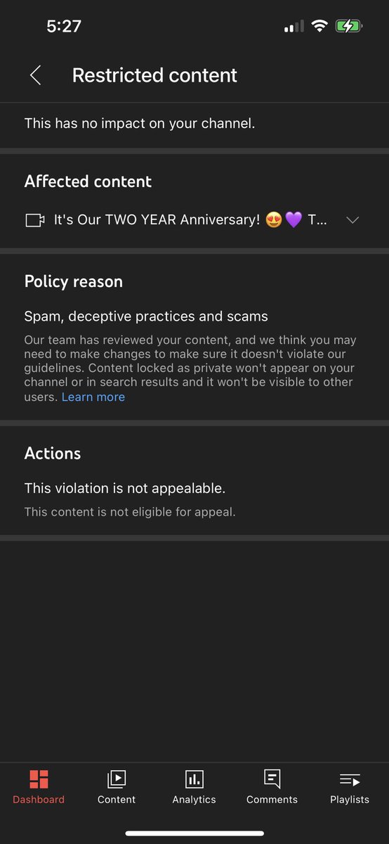 justcreatemore's tweet photo. Our anniversary stream got locked. Why can’t I appeal this @TeamYouTube? The only thing I can think of is at the very end, a bot started spamming their adult site in our comments and we pointed it out so mods could remove. https://t.co/OYxLBrpSGG