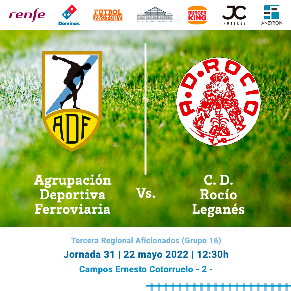 Este domingo, 22 de mayo, a las 12:30h, jugamos la 31ª jornada⚽ Nuestro rival será el <a href="/cdrocioleganes/">C.D. Rocío Leganés</a>, y queremos volver a ganar para mantener la #esperanza en el ascenso #SubeAlaFerro 🚂

Tendrá lugar en el campo Ernesto Cotorruelo nº: 2
(Vía Lusitana, 5 - Abrantes) #LaFerro
