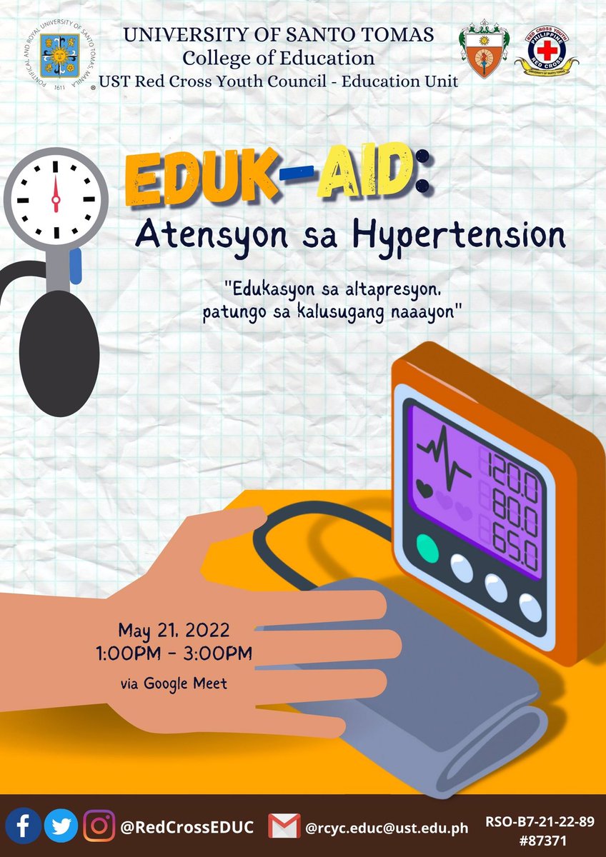 RedCrossEDUC's tweet photo. The UST RCYC-Education Unit presents a webinar prepared for the community of Pamasawata, Dagat-dagatan, Caloocan City which aims to promote hypertension awareness. It will be held on May 21, 2022 (Saturday) via Google Meet.

#REDefiningService
#RCYCEduc2122 https://t.co/OcUdmqCQr4