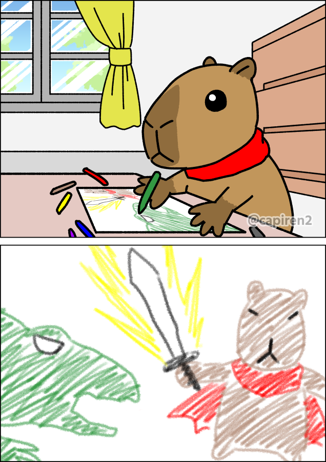 #Capybara #カピバラ #水豚 
お絵描きをしている仔カピ
将来の夢は勇者！