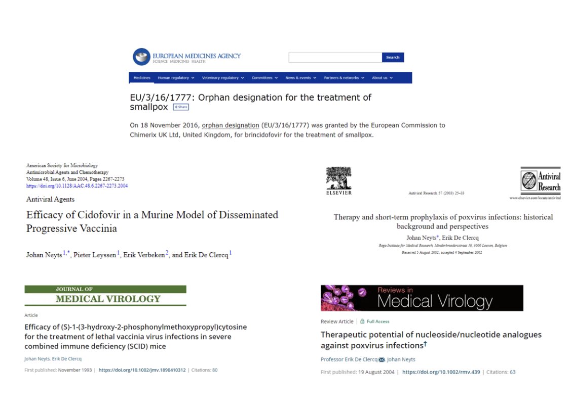 Brincidofovir (TEMBEXA®) FDA-approved &amp; EMA orphan designation for treatment of smallpox. Also effective in experimental models against monkeypox.
Glad we laid <a href="/KU_Leuven/">KU Leuven</a> almost 20 years ago the basis for this drug with the discovery of the anti-pox virus activity of cidofovir.