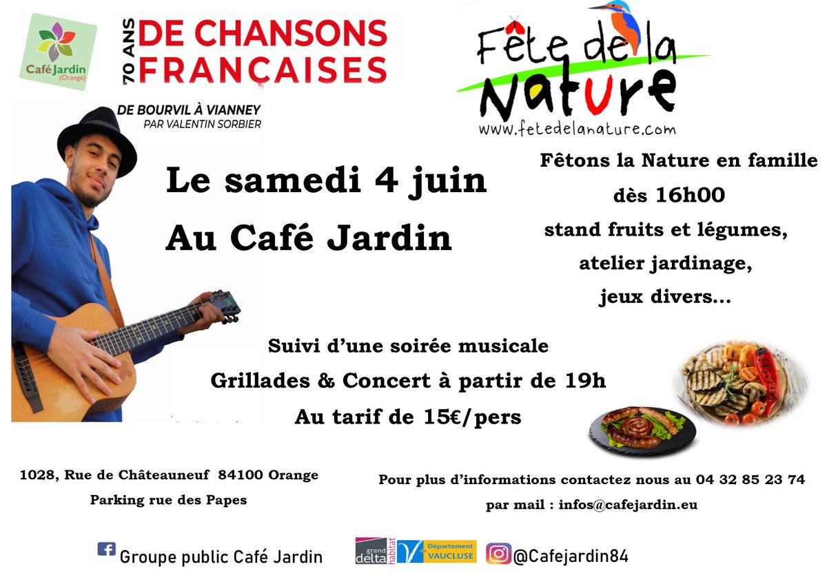 Le 4 juin au café on fête la nature l'après-midi et le soir on fête les 70 ans de chansons françaises. Alors venez profiter en famille. Merci de partager.